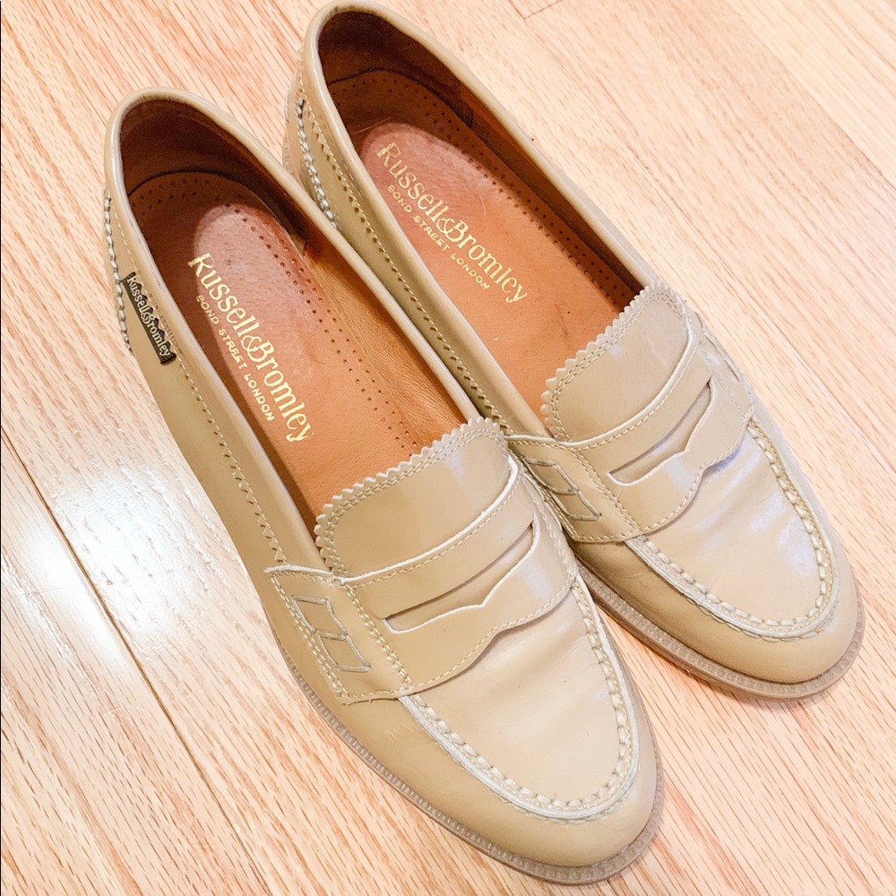 Russell and Bromley Tan Patent Loafers